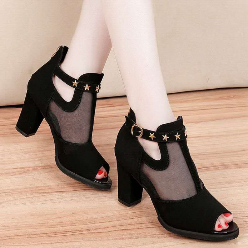 Mesh Peep Toe Block High Heels - Mesh Strap Metal review and price